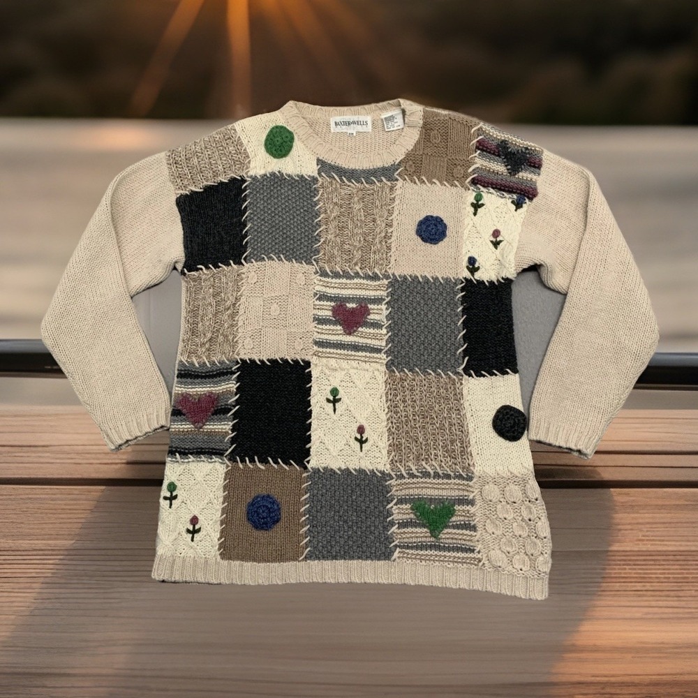 Vintage Baxter Wells Sweater 3D Embroidered‎ Heart Flower Cottagecore Petite M
